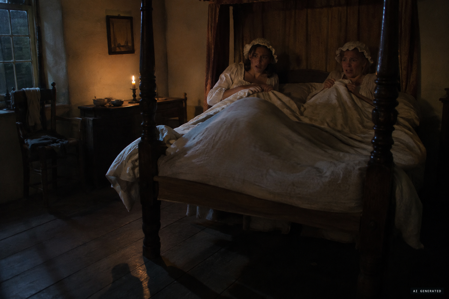 Two visiting sisters feel their bed lifted as if a man were pushing it up from beneath
