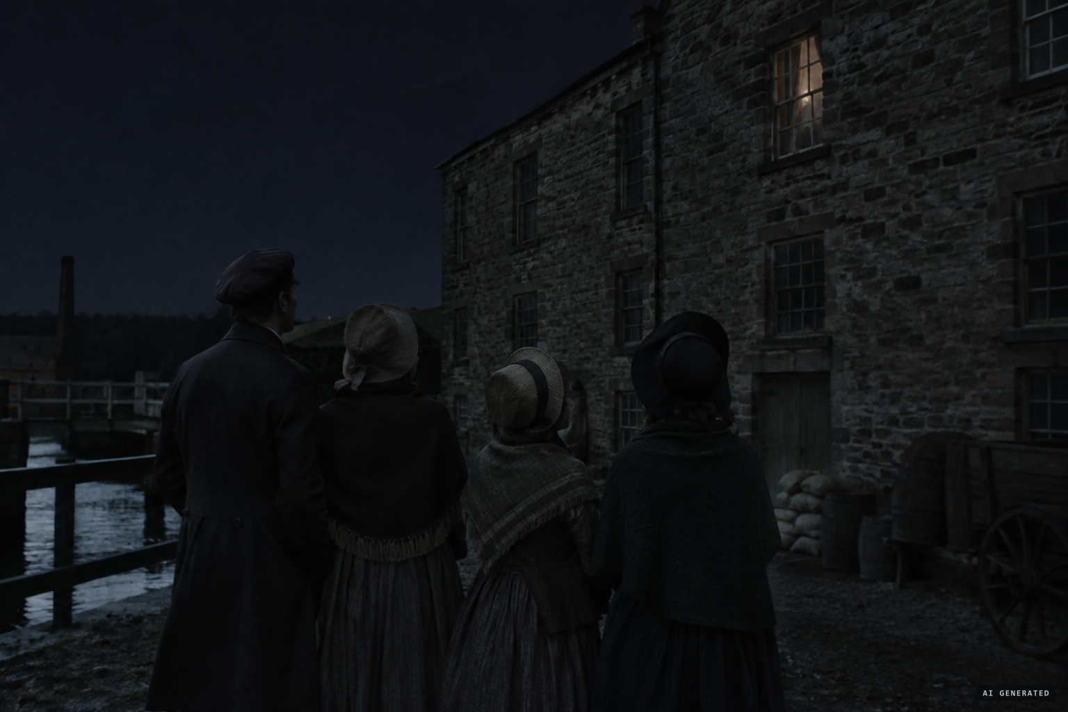 The mill foreman Thomas Mann and three women look up at a window from the dark yard