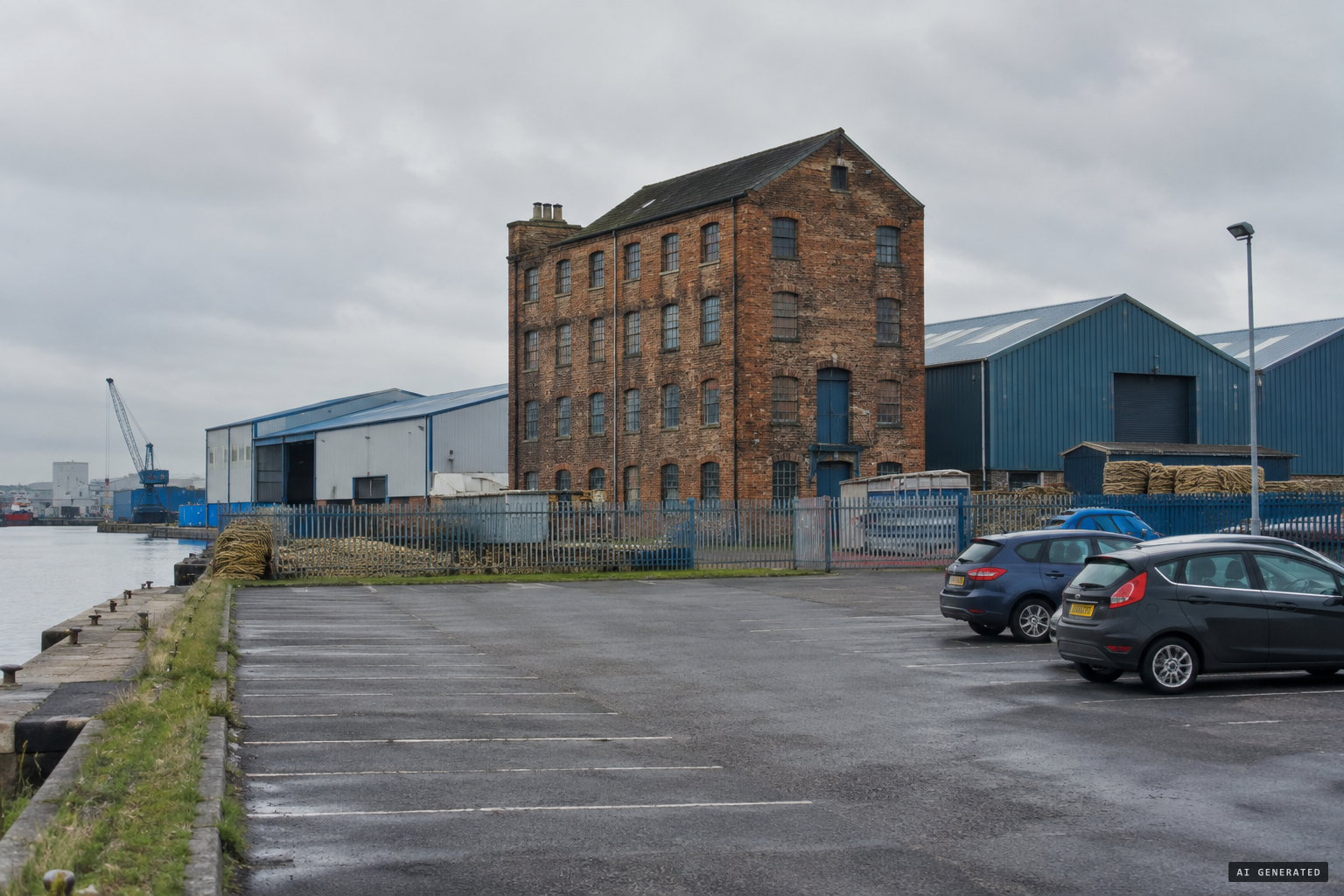 The cut-down mill survives in the rope works; the house site is a car park