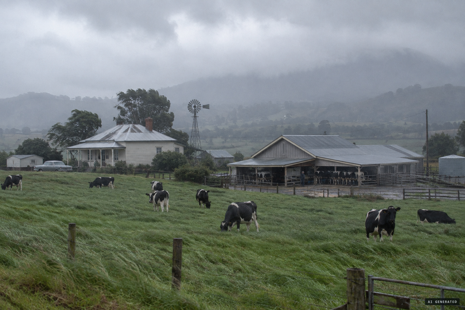 The Brew farm at Willow Grove on a grey, rainy February dawn