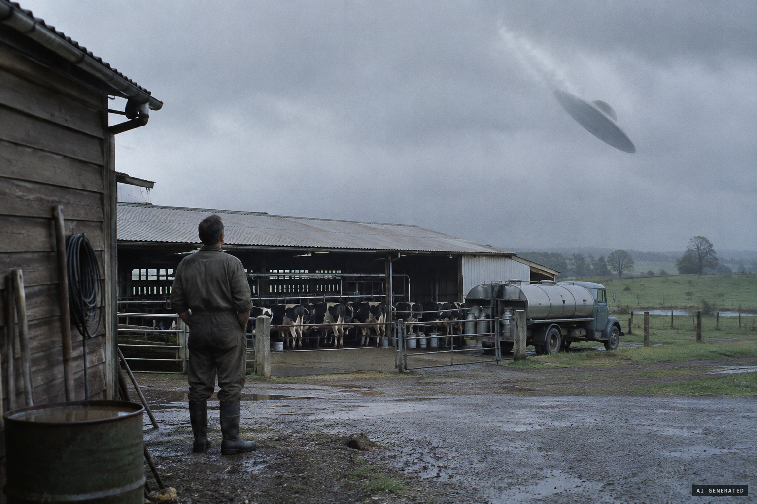 Out of the low cloud, an object comes down steeply toward the milking shed