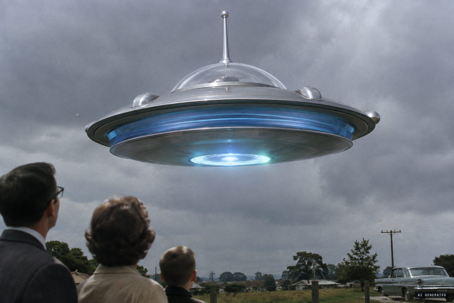 A domed grey disc with a chrome aerial and a rotating, blue-glowing lower portion