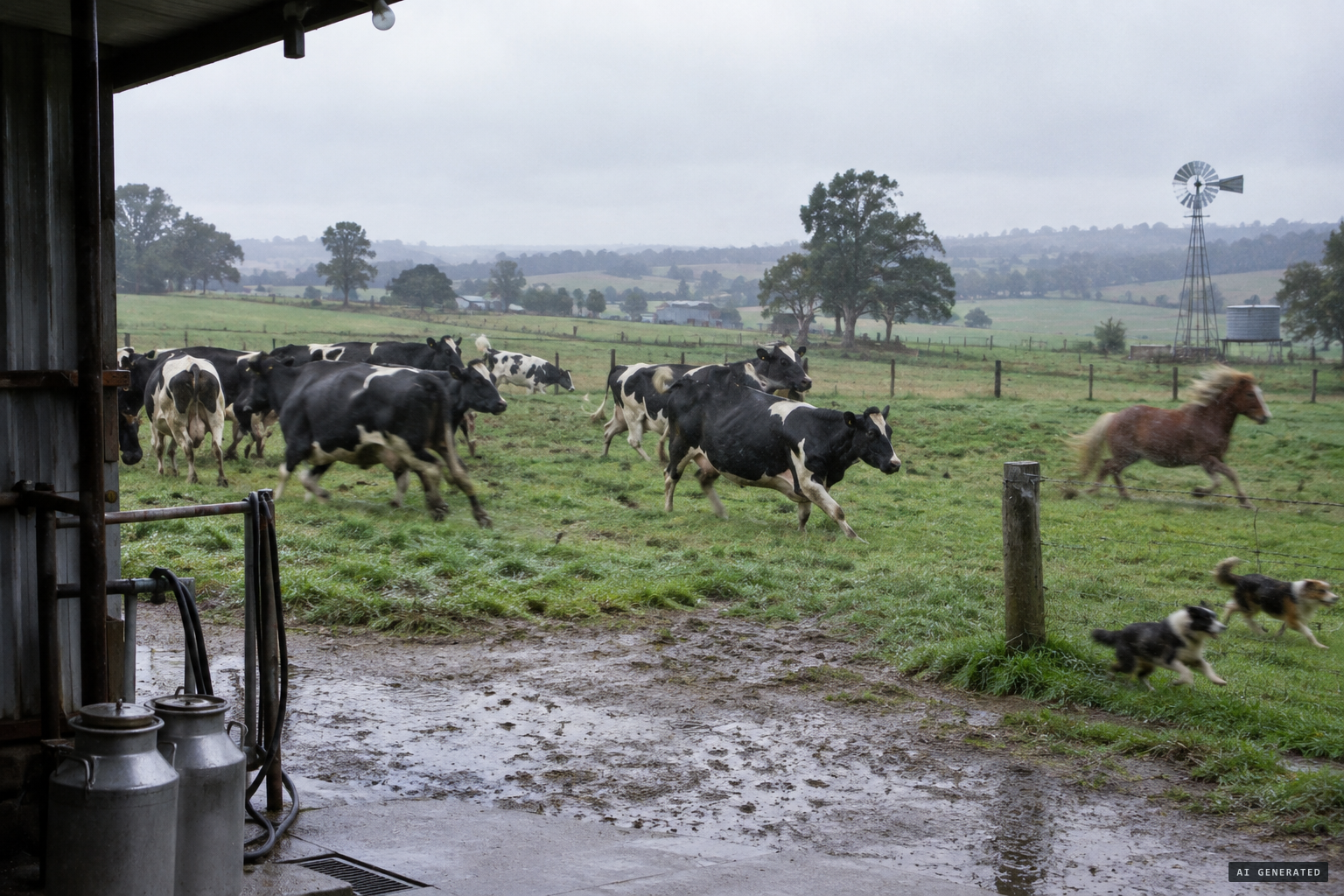 The cattle, pony and dogs go wild and flee