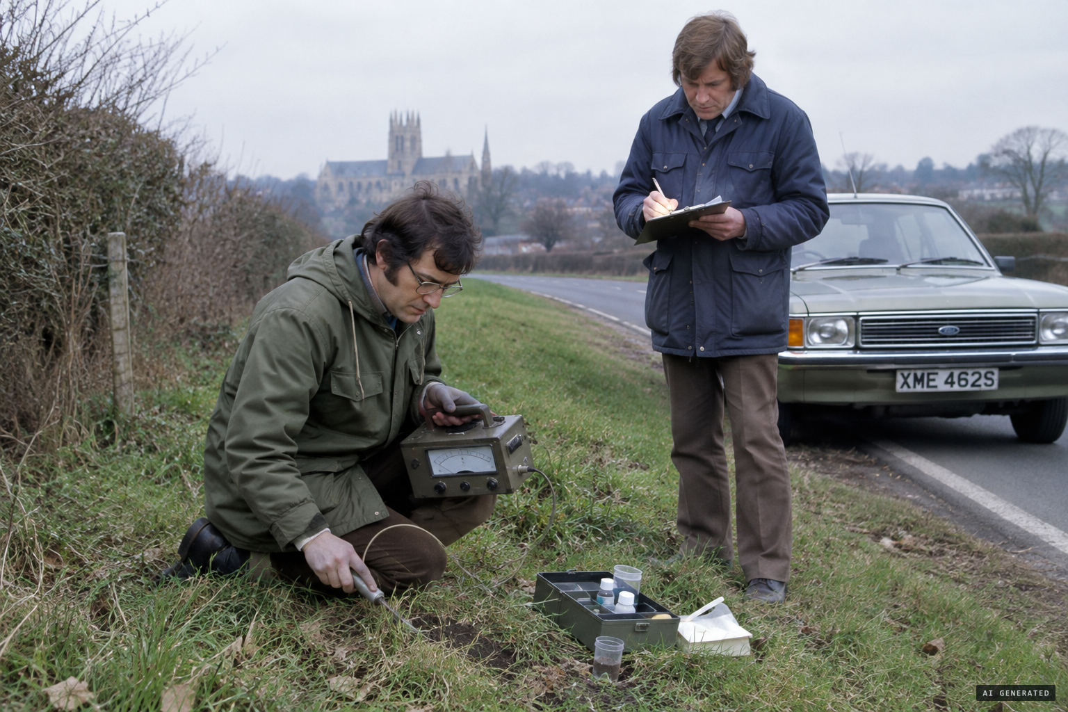 Steve Gamble tests the site for radiation and pH and finds nothing unusual