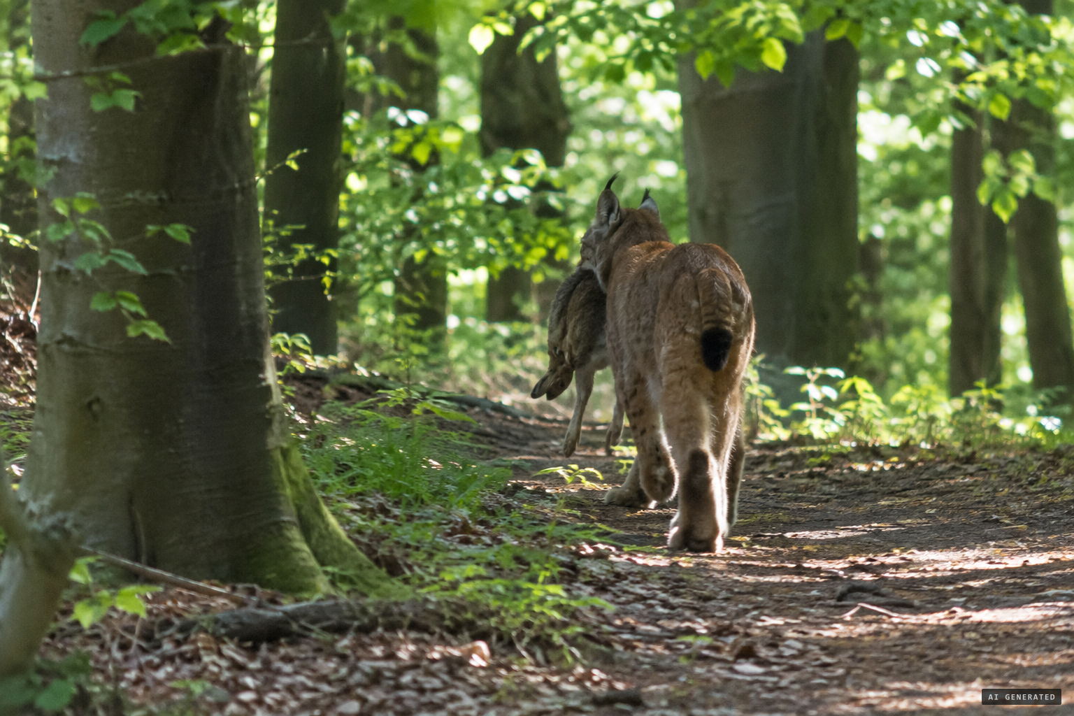 A forest ranger sees the cat carrying a hare
