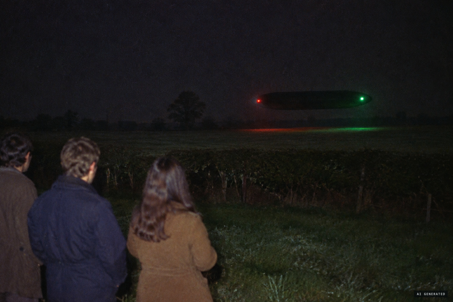 A cigar-shaped object with red and green lights hovers in the next field