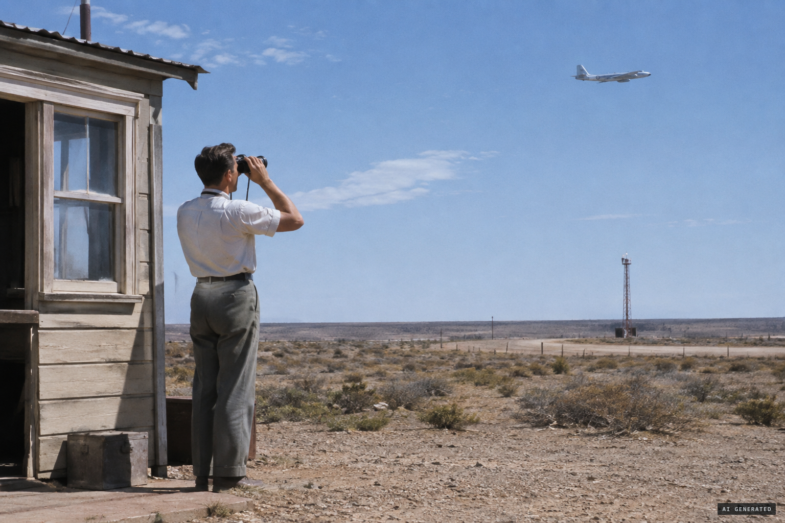 The Vickers-Armstrong man watches the trial through binoculars by the Security Officer's Hut