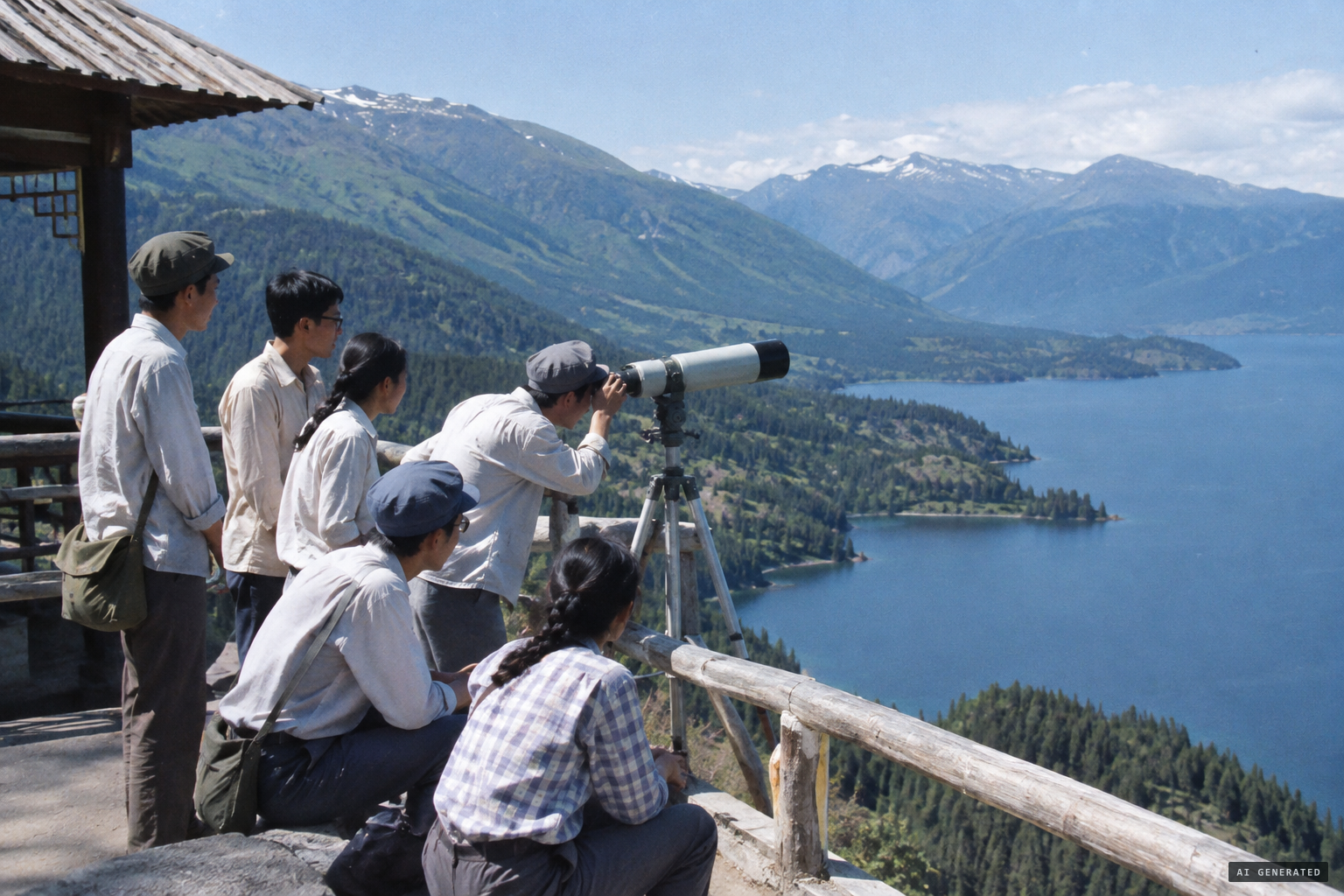 The Xinjiang University biology team watches the lake through a high-powered telescope