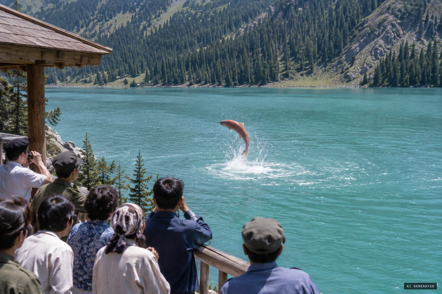 A large blood red, rainbow-shaped fish rises from the water