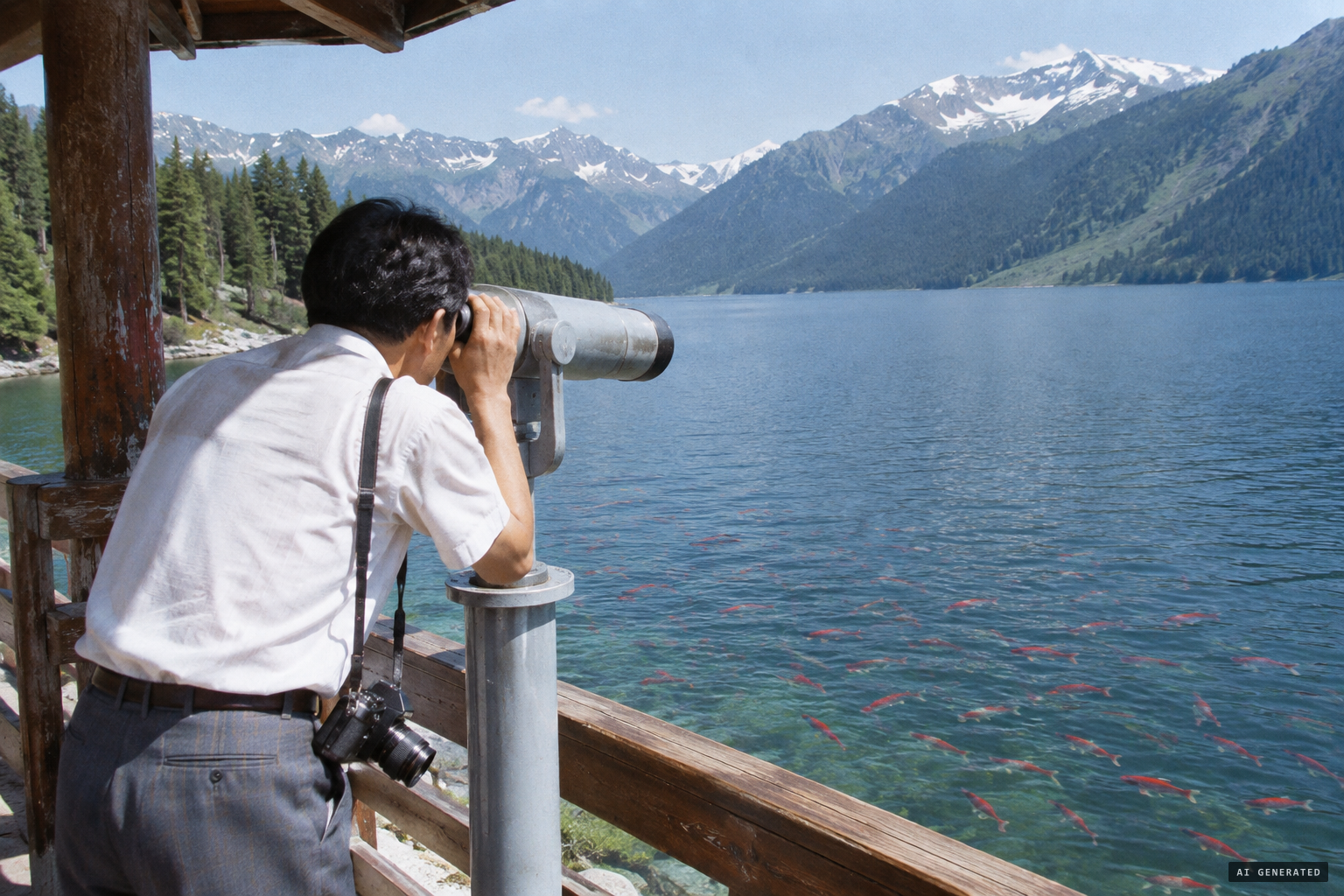 Yuan Guoying counts more than 50 fish, large and small, through the telescope