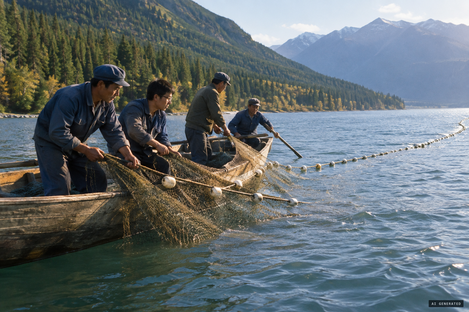 The team sets a huge fishing net hundreds of metres long