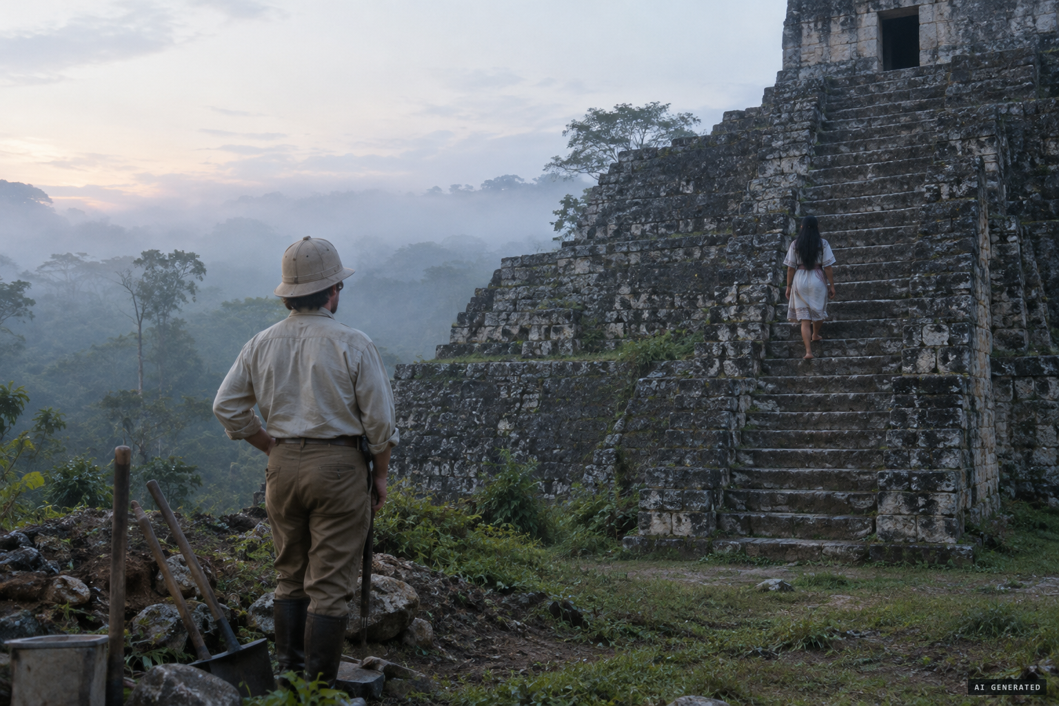 A research team member sees a Mayan maiden on the staircase at dawn