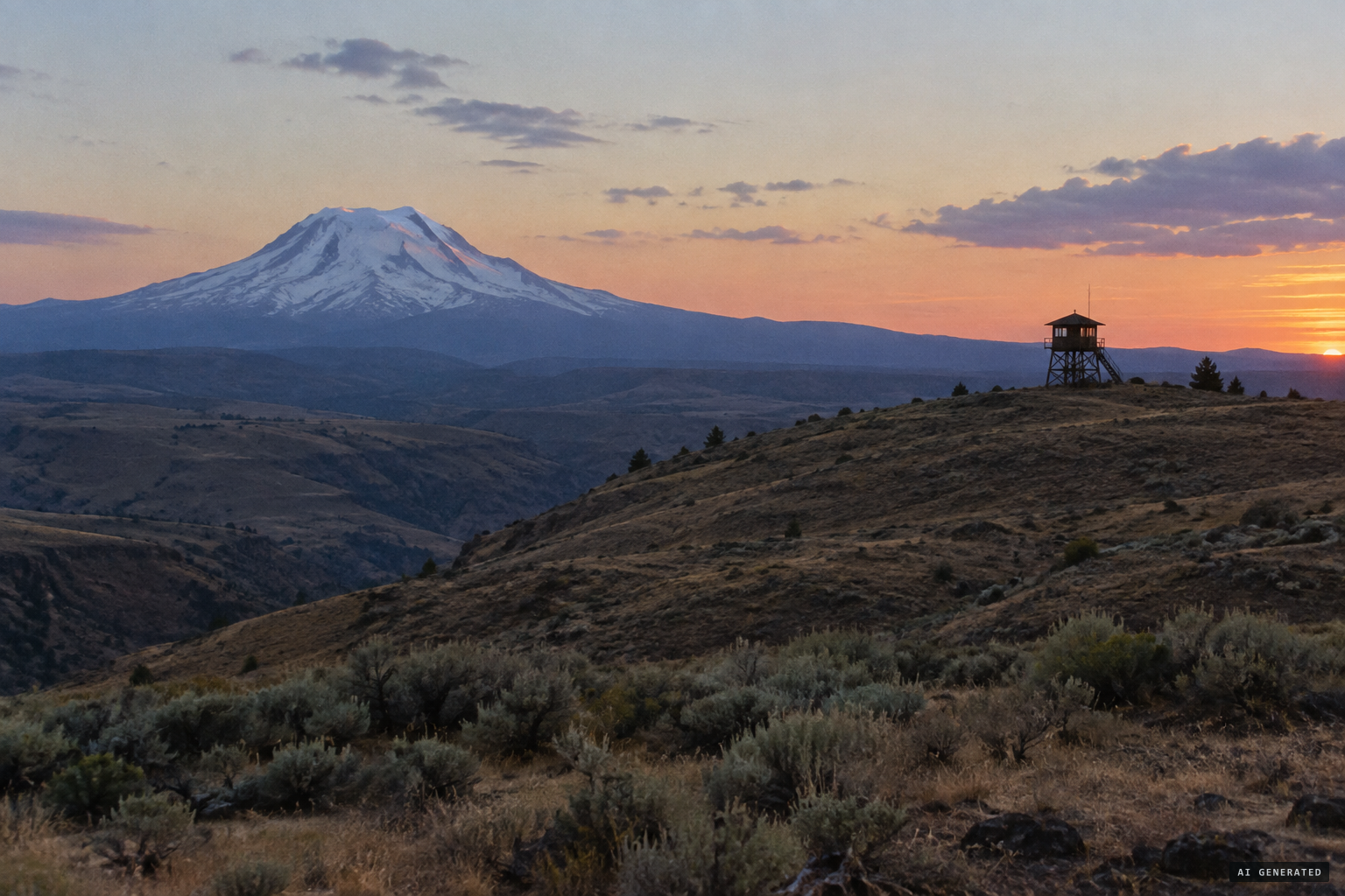The reservation's ridges, Mount Adams on the skyline, a fire lookout above