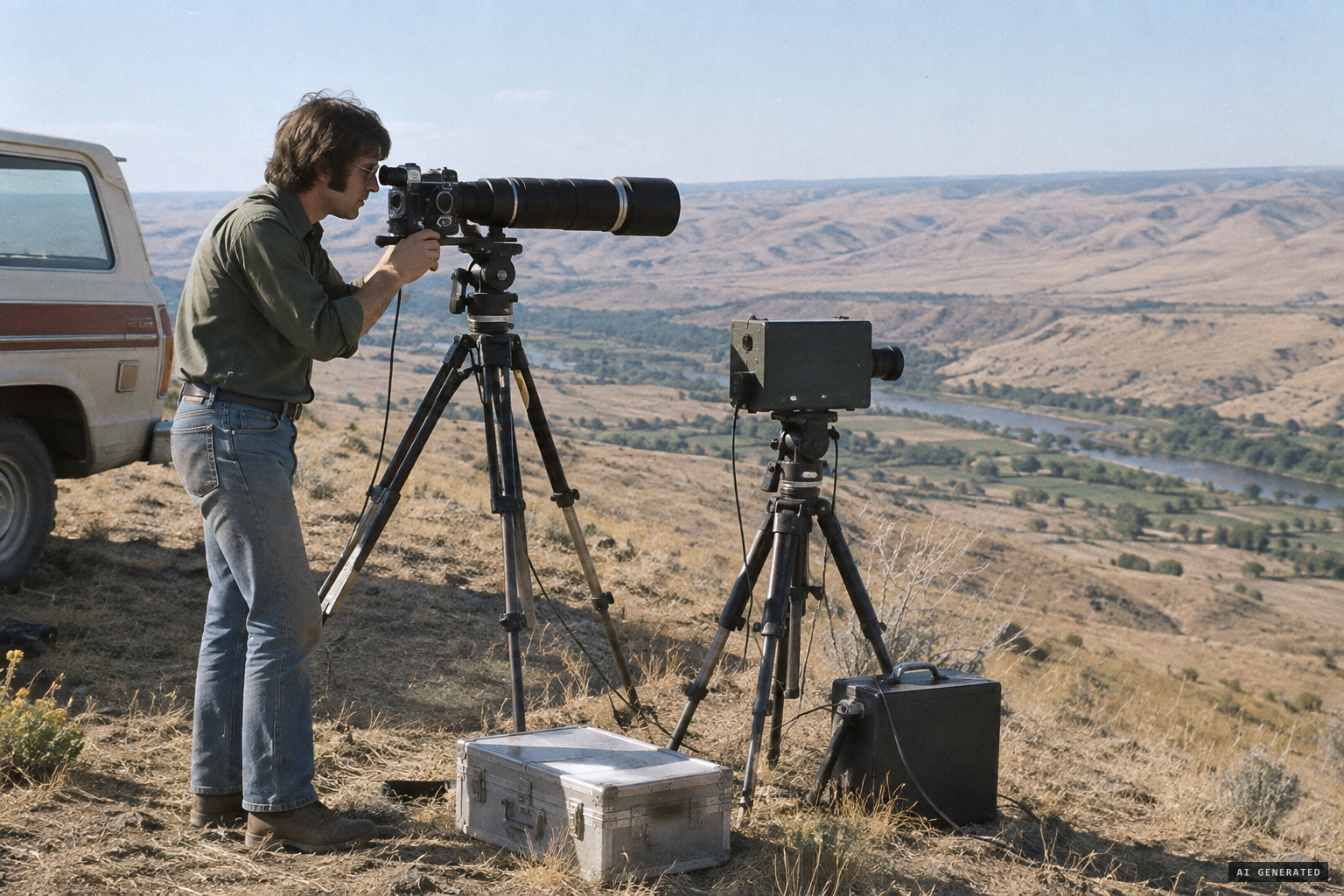 Akers sets up cameras, spectrograph and rangefinder for the field study
