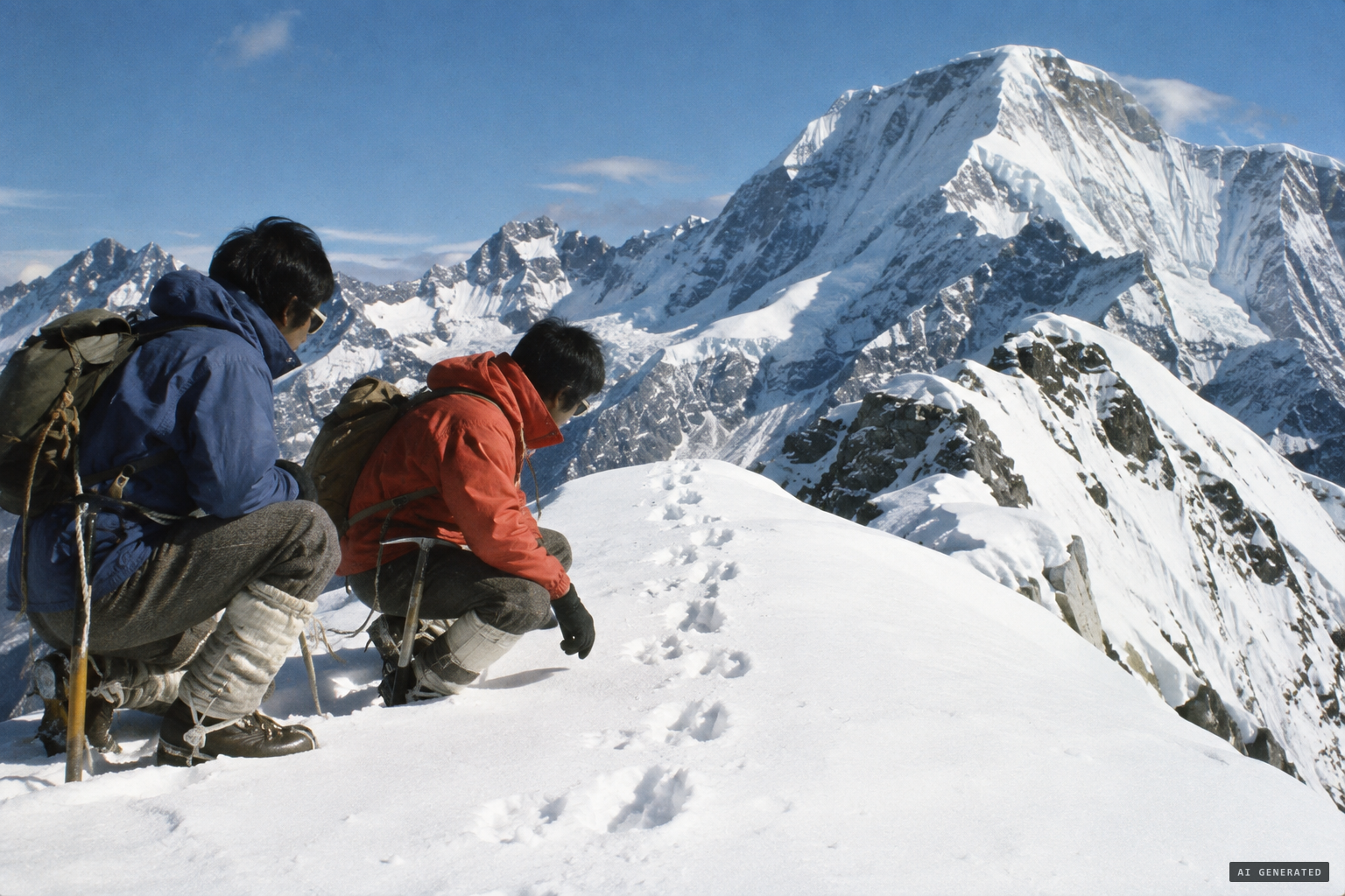 Footprints seen along the ridge on the 1975 Dhaulagiri IV expedition