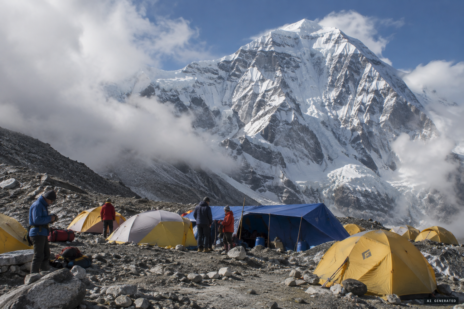 Base camp goes up on 31 August 2008 at 4,350 metres