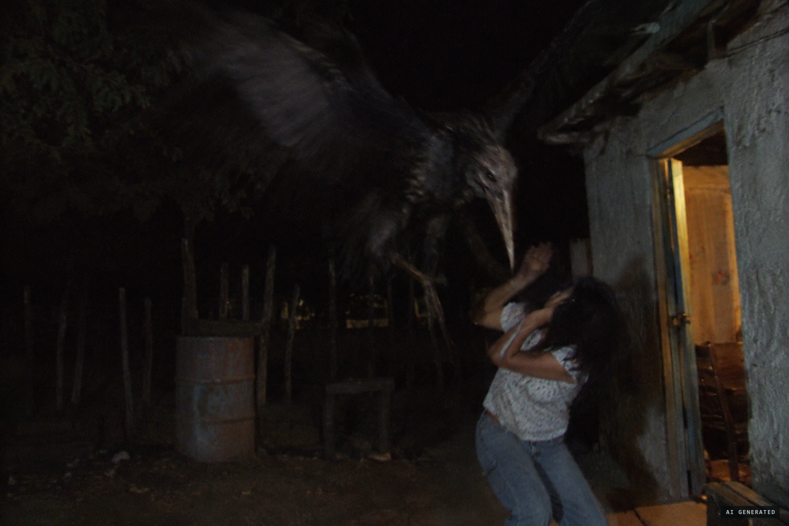 A winged creature with a long, sharp beak attacks her