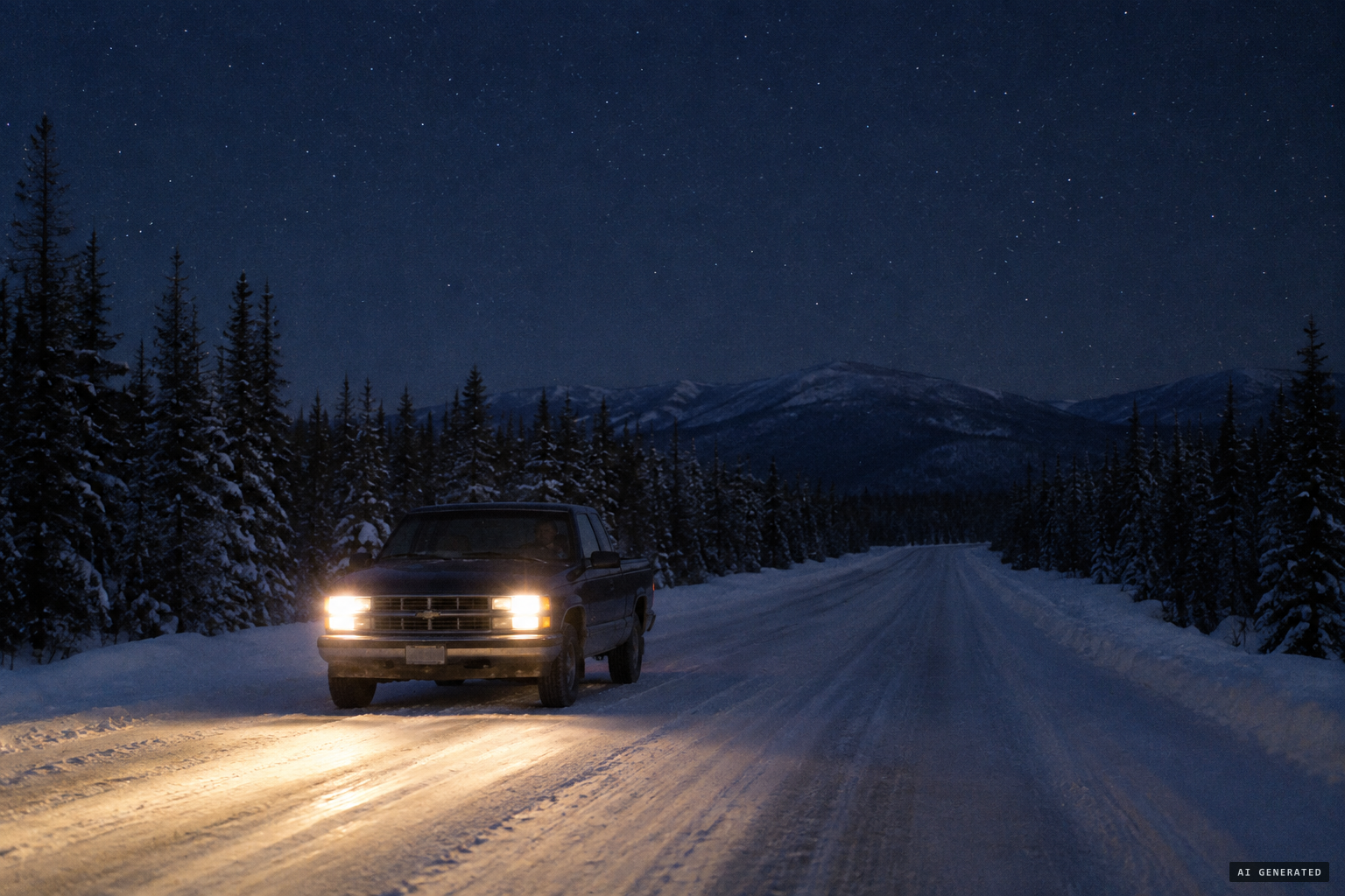 The Klondike Highway north of Whitehorse on a December evening