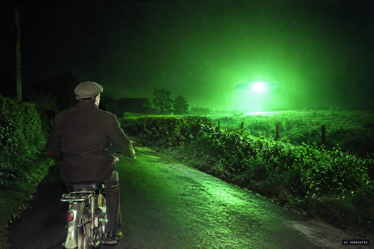 The intense green light leaves David paralysed on his moped