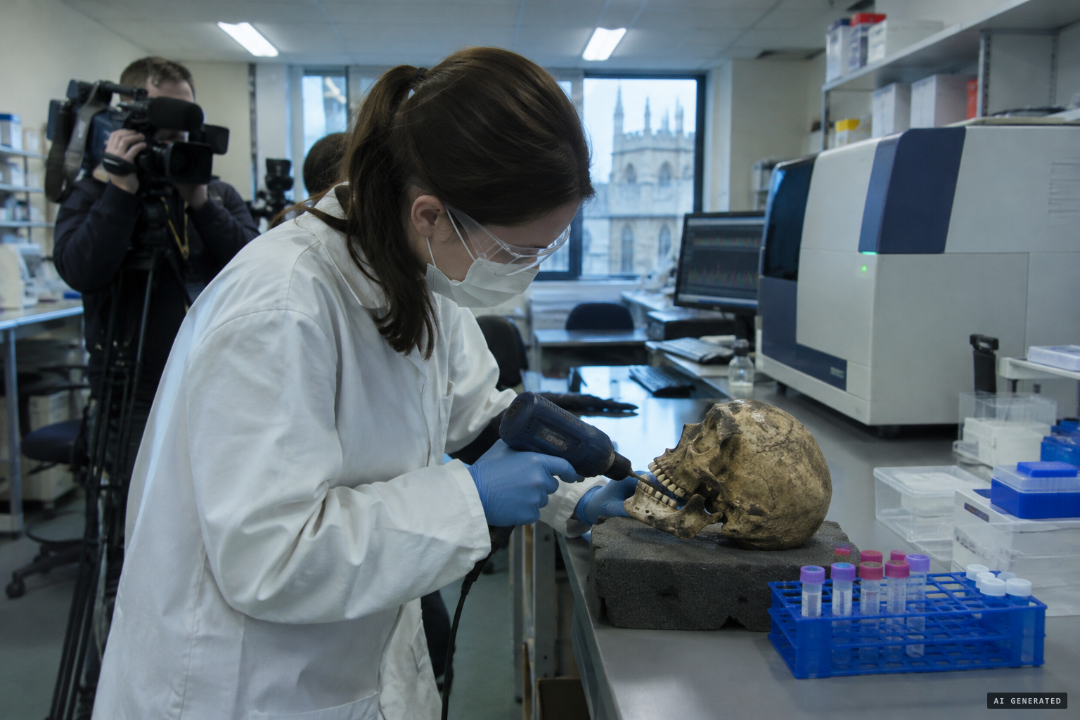 Bryan Sykes tests a tooth from Khwit's skull for Channel 4