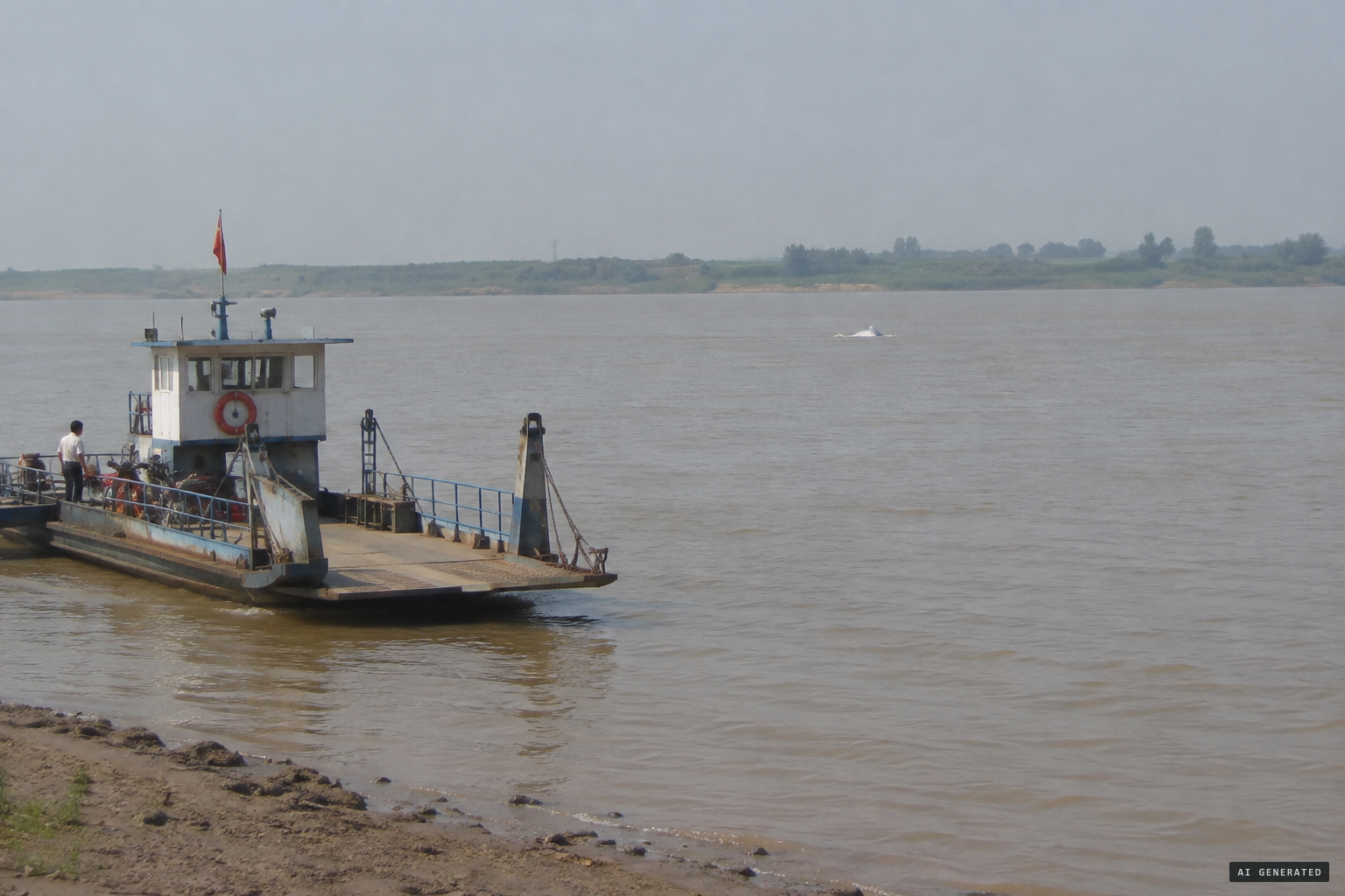 A big white animal surfaces far out in the channel at Xuba ferry