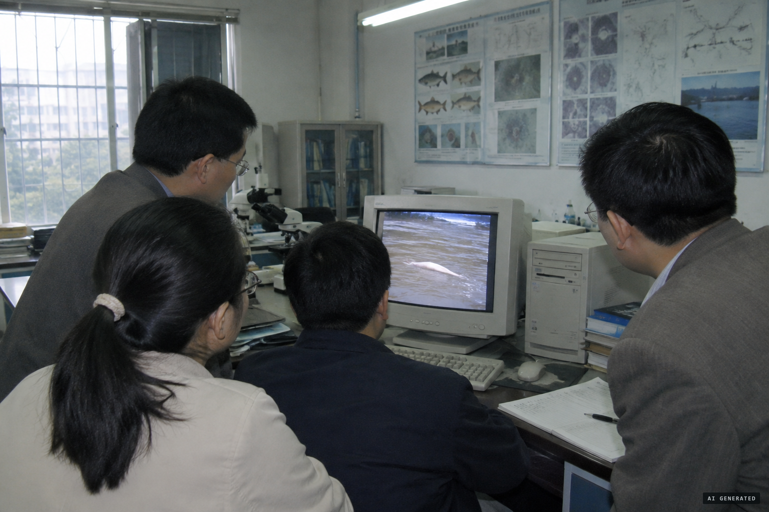 Scientists at the Institute of Hydrobiology in Wuhan review Zeng's video