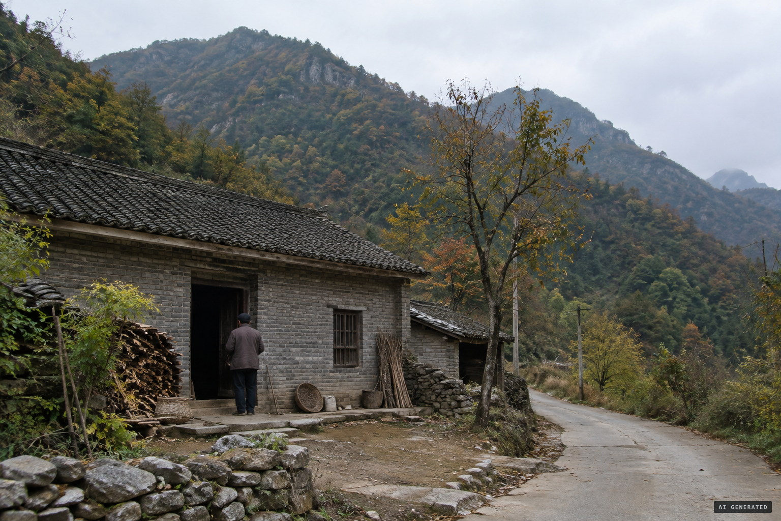 Zhou Zhenglong's home beside the road in Wencai Village, in the Daba Mountains