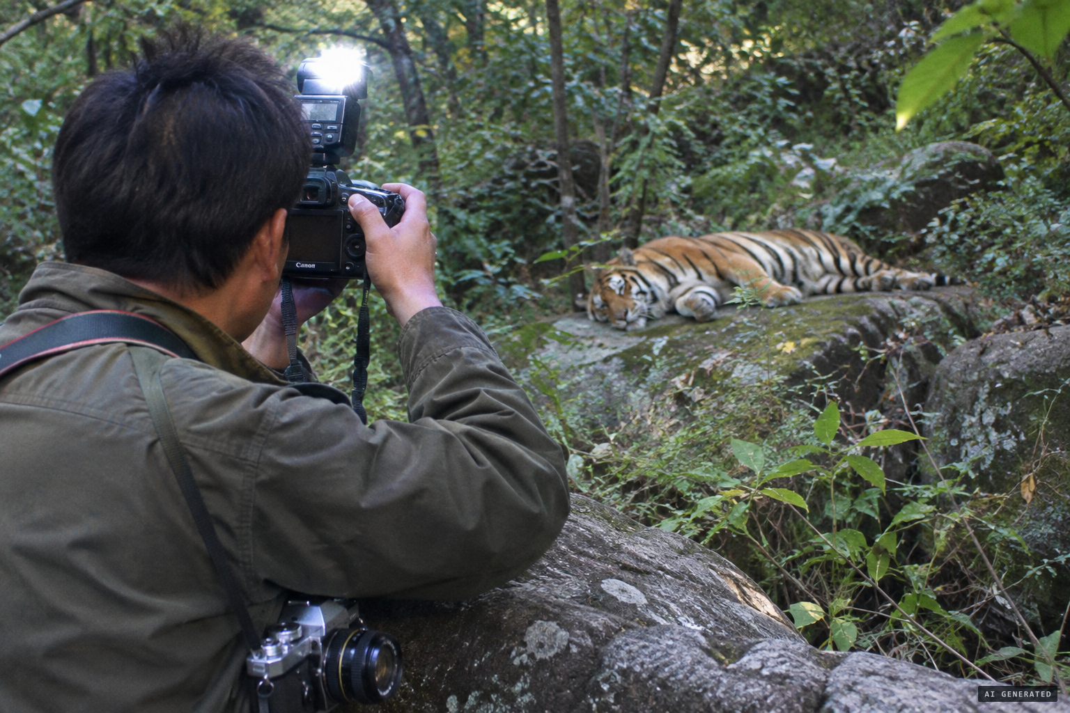 Zhou raises his cameras from behind the rock and photographs the tiger