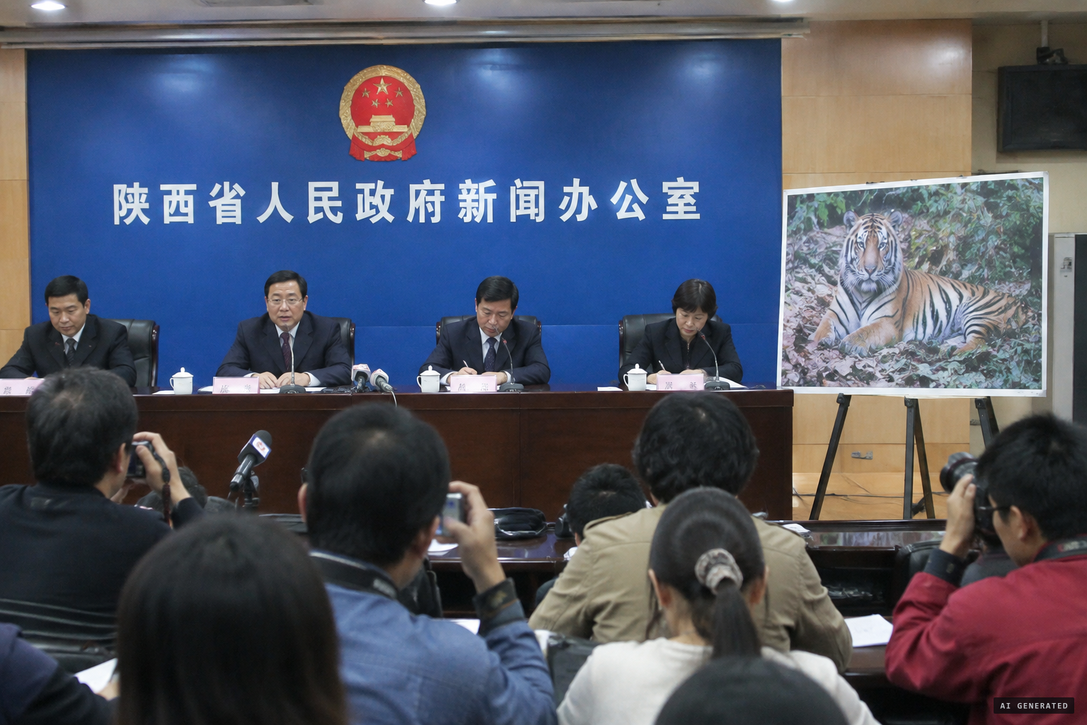 The Shaanxi Forestry Department presents the tiger photographs at a press conference