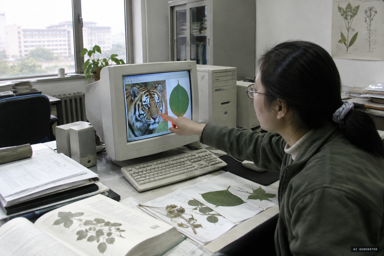 Critics compare the tiger to a nearby leaf, which would have to be as large as a basin