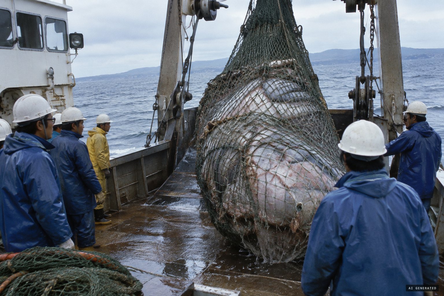 Something heavy caught in the nets is hauled toward the ship