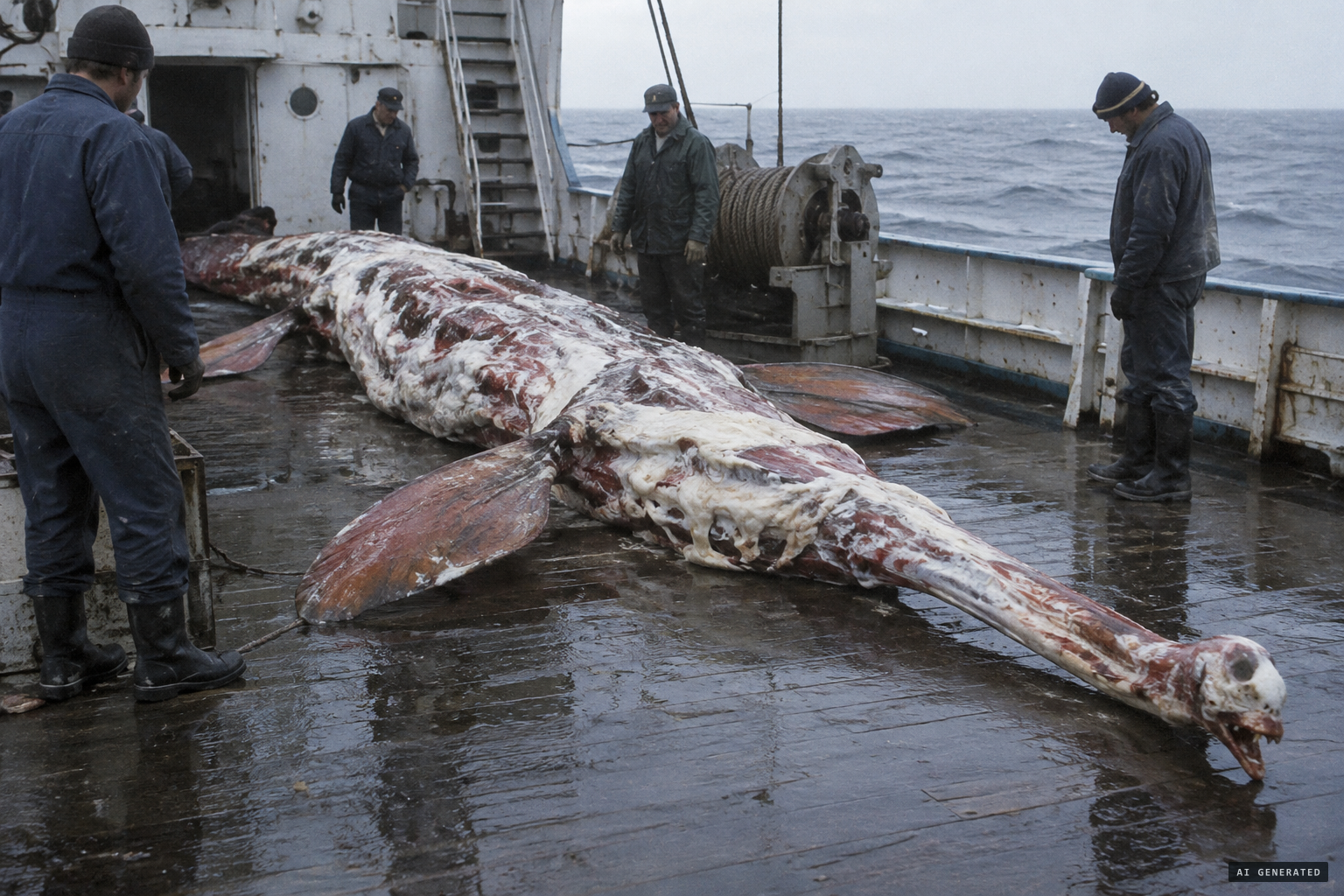 Ten metres long, small head, long neck, four reddish fins