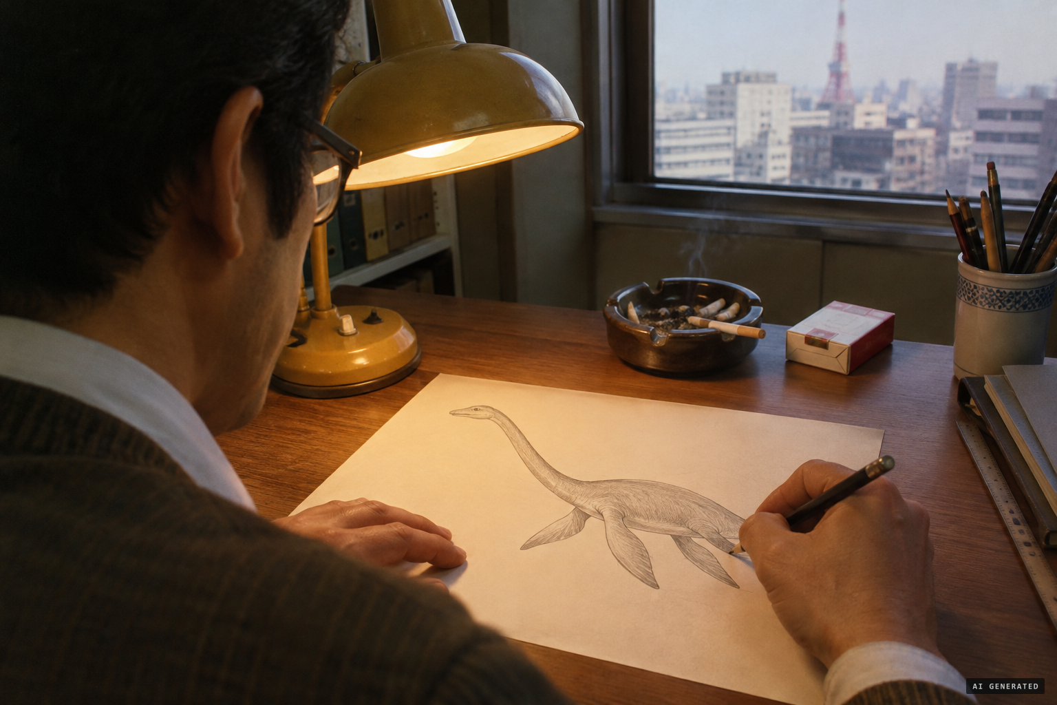 Yano draws his sketch of the carcass two months after the catch